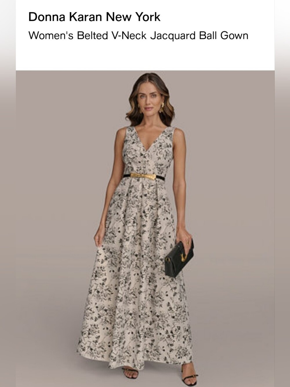 Donna Karan Floral V-Neck Jacquard Maxi Dress in Ivory and Black with Gold Belt
